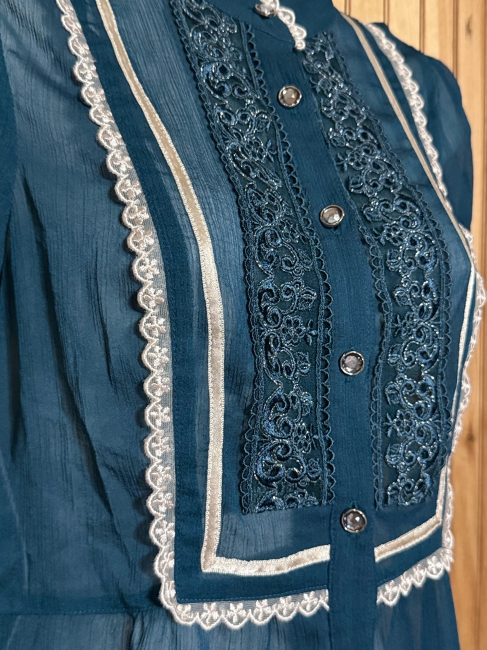 Victorian Teal Lace Bib Front Blouse •Size S• Sheer Chiffon Rhinestone Buttons - Picture 14 of 16
